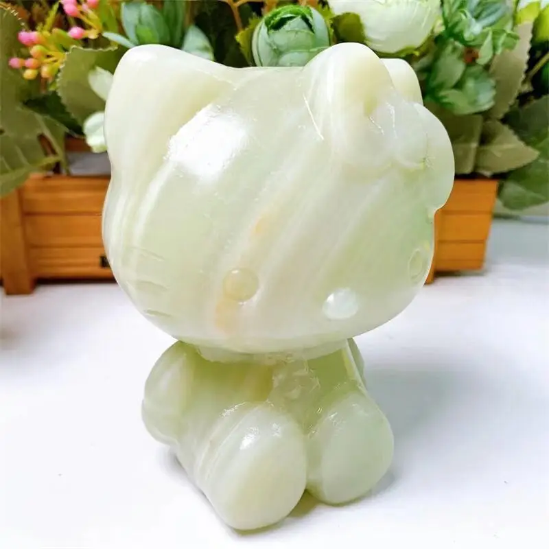 Natural White Marble Jade Cartoon KT Cat Crystal Carved Healing Cute Animal Crafts For Home Decor Or Christmas Children Gift 1pc