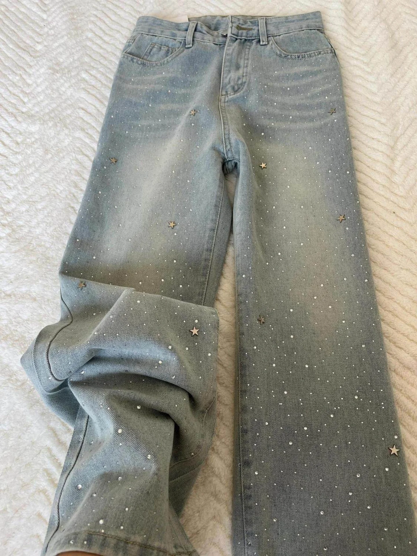 

Blue Diamond Embellished Loose Wide Leg Straight Cut Jeans Women's Spring 2026 New Design Sensation Small Size Denim Pants