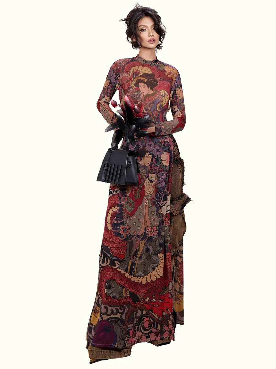 

Женские футболки Kliou с ярким принтом, удлиненные, с круглым вырезом, длинными рукавами, облегающие, с высокими разрезами, в уличном стиле, арт-дизайн, сетчатые, элегантные топы