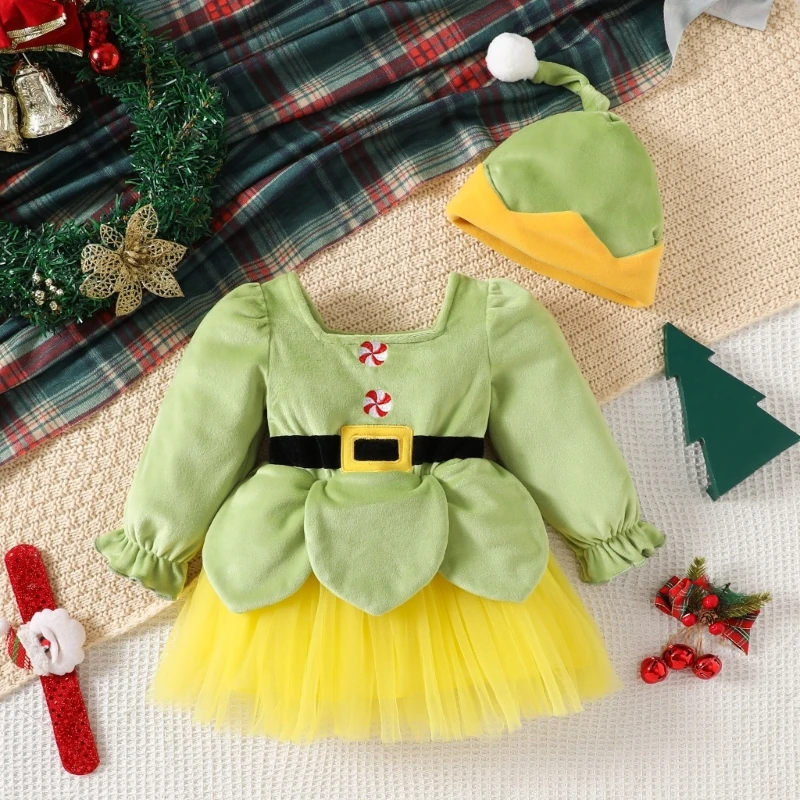 Infant Cosplay Green Elf Costume Christmas Long Sleeve Dress Hat Set Warm Dress Photography Outfit for Holiday Gathering A2UB