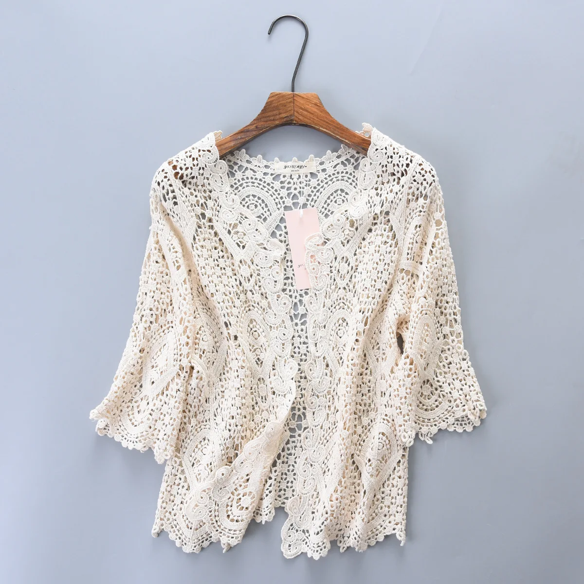 Knitted Shrug Women Bohemian Style Midi Sleeve Lace Open Cardigan Short Knitting Outwear Hollow Out Sweater Geometric Tops