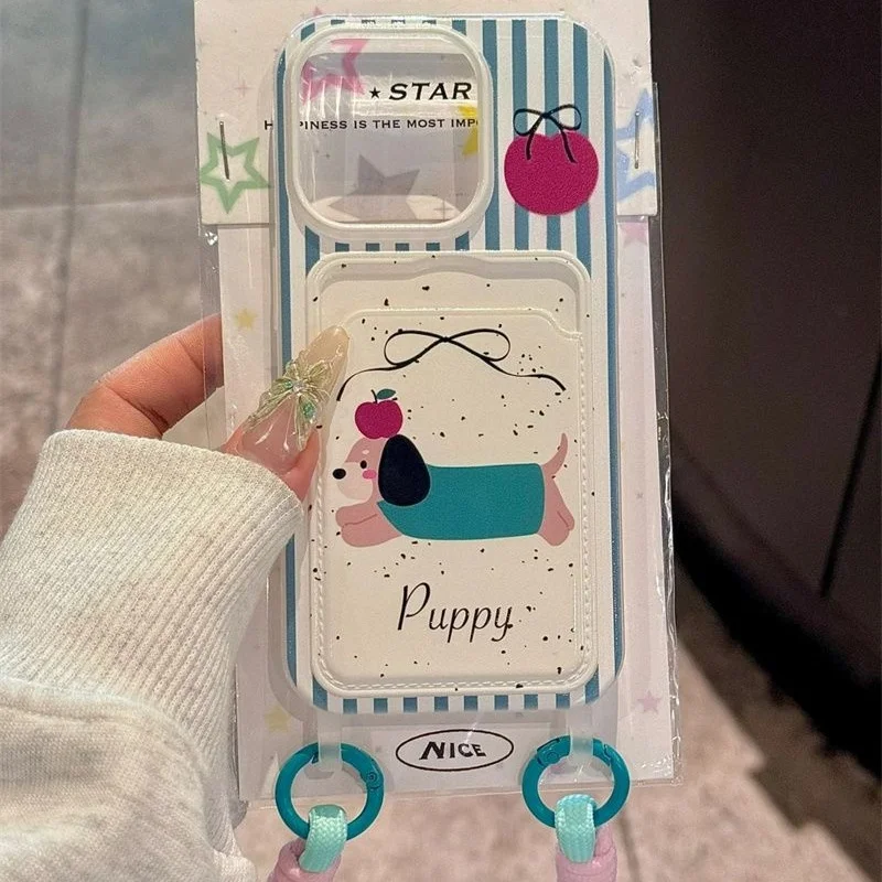 Card bag transparent painted apple sausage dog phone case with hanging rope For iPhone 11 12 13 14 15 16 pro max