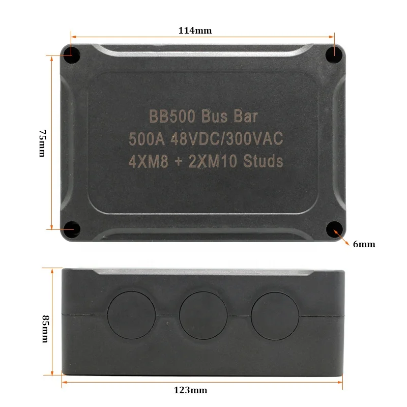 4x M8 2x M10 Studs Power Distribution Block 500A Copper Bus Bar 6MM Pure Brass Plate with Black Waterproof Cover