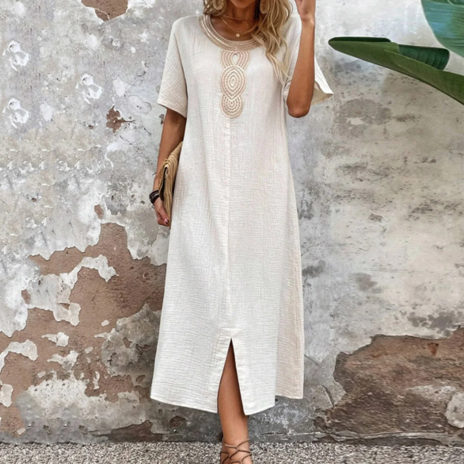 

Long Loose Dress Bohemian Retro Midi Dress with Split Hem O Neck for Women Vacation Style with Short Sleeves Breathable Fabric