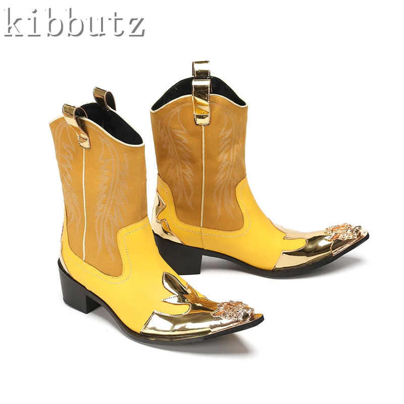 

Yellow Genuine Leather Embroidery Men Mid Calf Boots Luxury Design Metal Pointed Toe High Heel Chelsea Boots