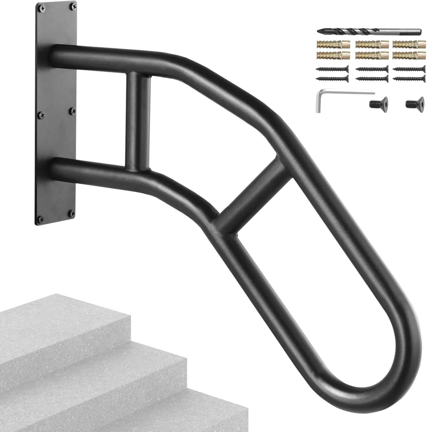 Handrails for Outdoor Steps, 29" Length Wall Mount Safety Railings for 1-3 Steps, U-Shaped Handrail with Matte Black Finished