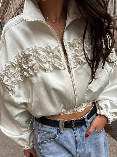 

East Gate INS Faionable Ruffle Trim Zipper Top Outerwear Versatile Ele Design Women's Knitwear Summer 2025