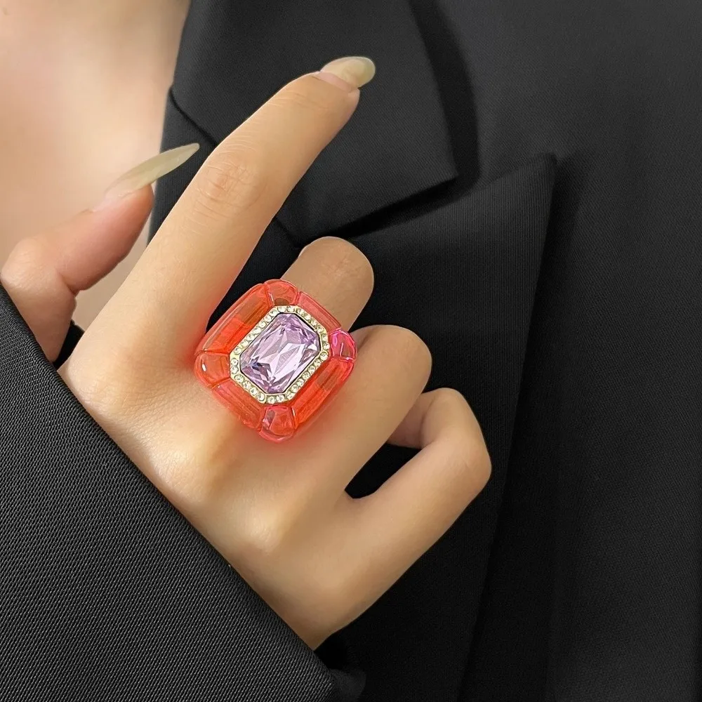 New Colorful Rhinestones Ring Geometric Elegant Jewelry Finger Ring Three-dimensional Square Ring Jewelry Accessories
