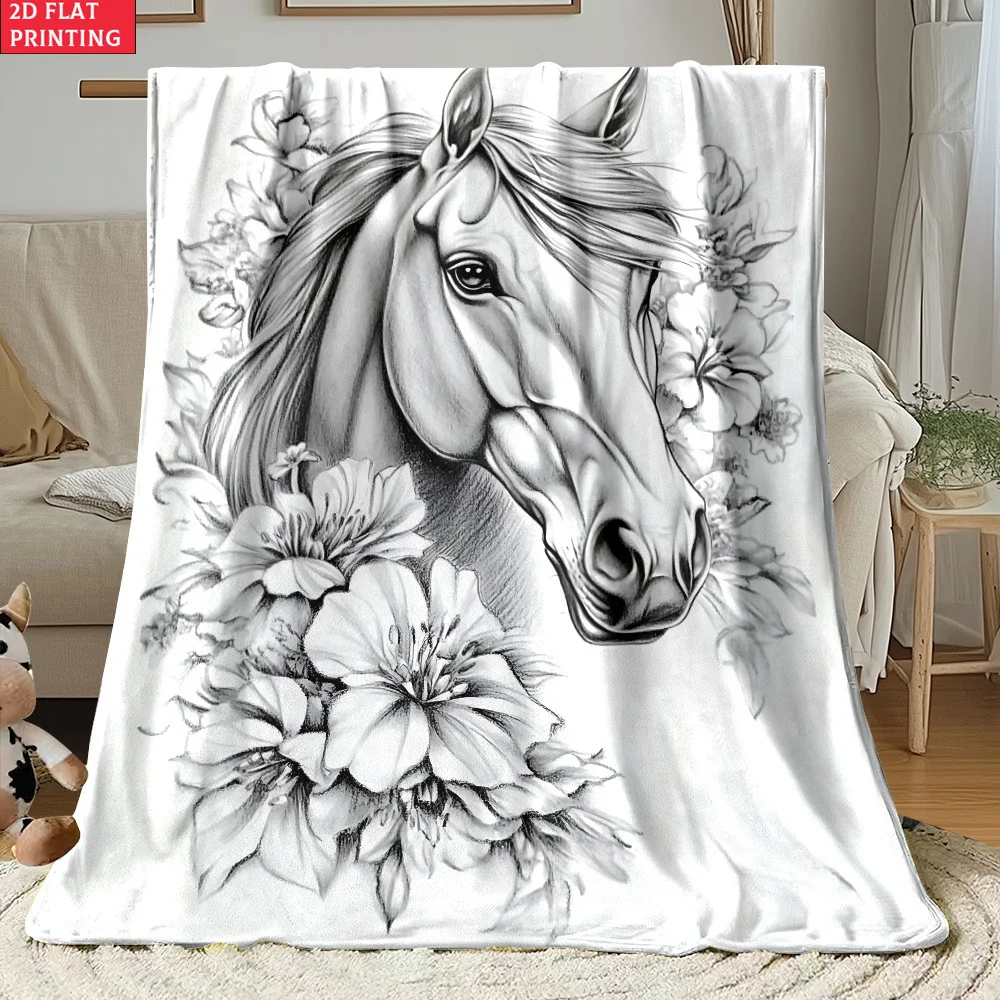 Unique Horse and Flower Illustration Throw Blanket Bohemian Art Home Decor Gift for Farmhouse Cottage Couch Accent Cozy