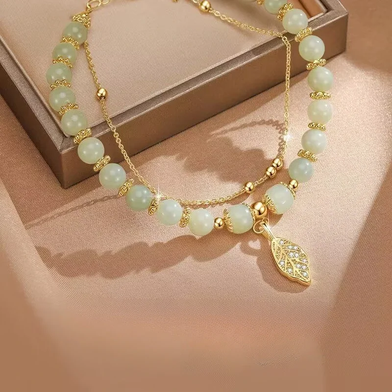 Natürliche Hetian Jaspis Goldene Zweig Jade Blätter Armbänder Für Frauen Luxus Doppel Schicht Perlen Armband Party Hochzeit Schmuck Geschenk