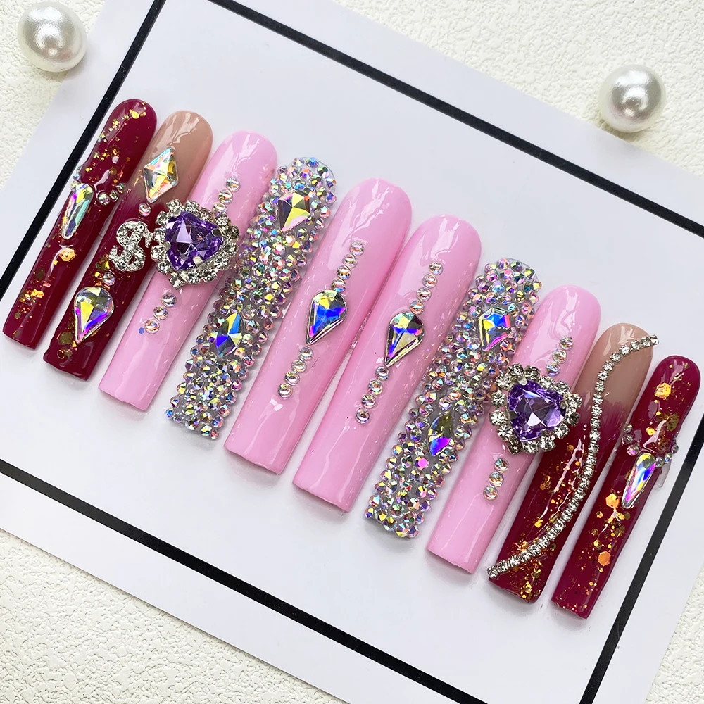 

Hot Selling Y2K Glossy Sparkling Custom Design Artificial Nail Rhinestone Luxury Acrylic 100% Handmade 10PCS Press on Nails Tips