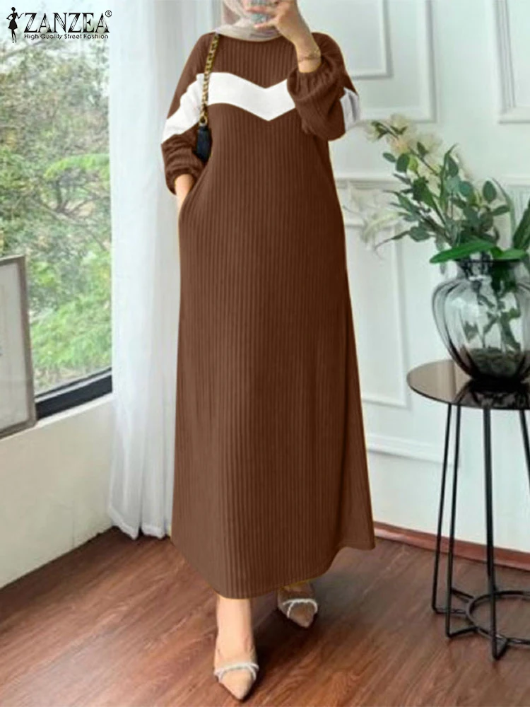 ZANZEA Ribbed Knitted Color Block Patchwork Abaya Robe Islamic Hijab Loose Women Casual Maxi Dress Autumn O Neck Muslim Vestidos