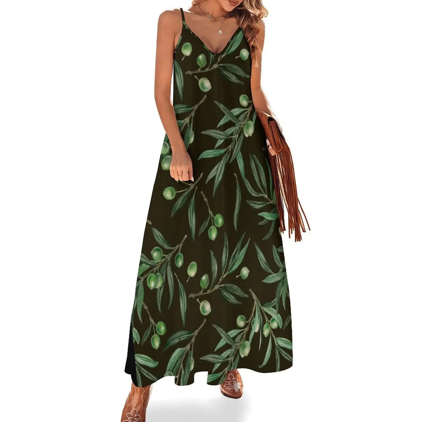 

Olive branches watercolor on black Sleeveless Dress women's dresses luxury Dress woman Dress