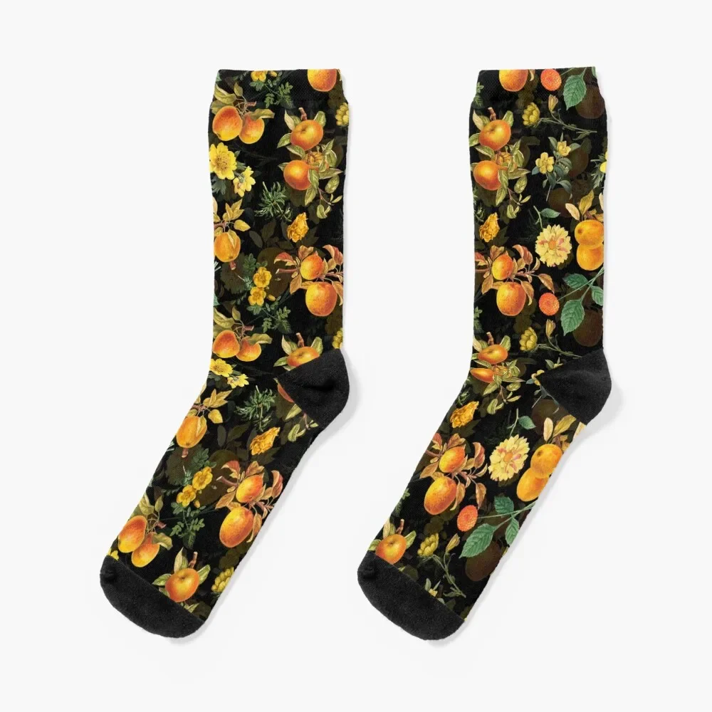 Vintage Flowers and Golden Apples on black Socks man Soccer Socks Male Women's