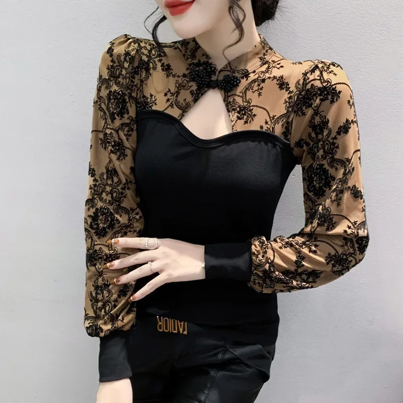 Retro Button-Up Stand Collar Women's Base Shirt Hollow Out Mesh Splice Long Sleeve T-Shirt Sexy Slim Fit Autumn Winter Top