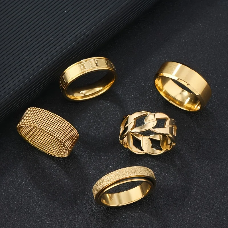 Fashion Stainless Steel Ring Set 5 Pieces of 18K Gold Plated Rotatable Decompression Rings, Men's Hip Hop Hollow-Out Design