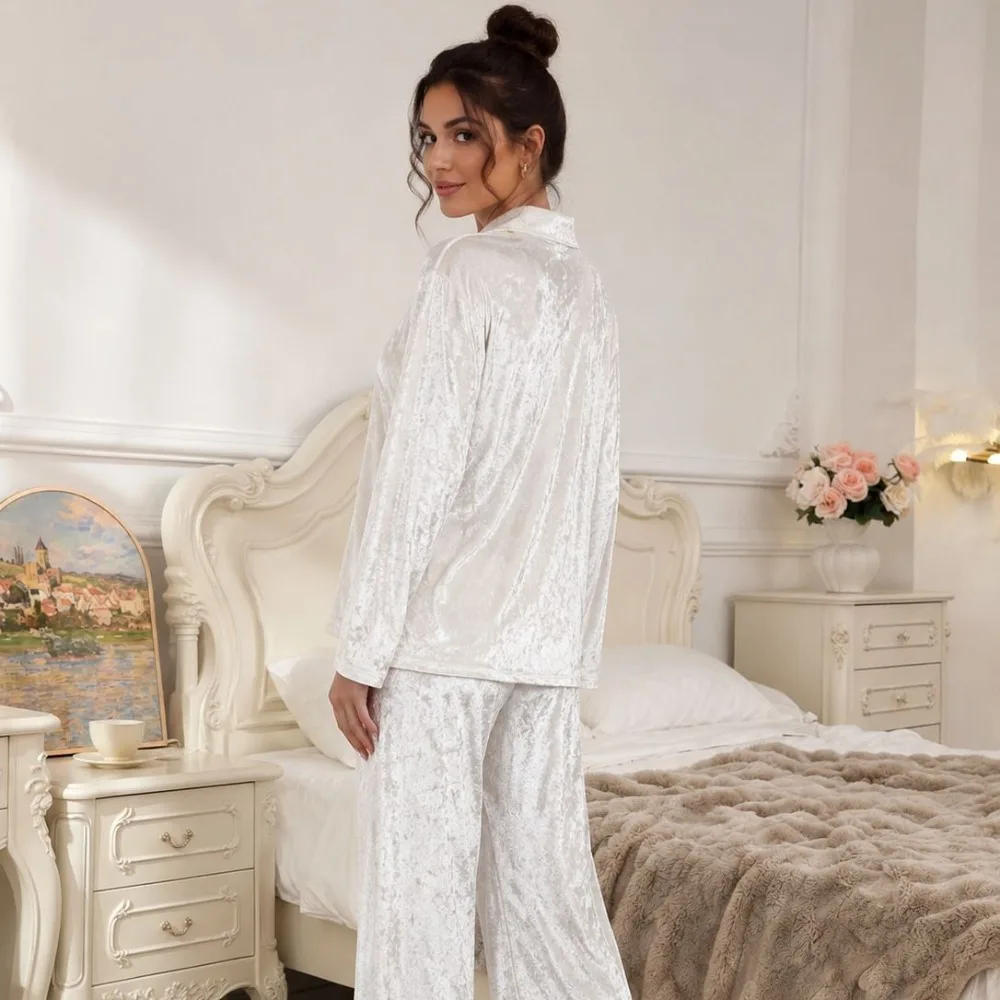 Velvet Notch Collar Long Sleeve Pajama Set for Women Thick Button Front Lounge Suit with Straight Leg Pants Cozy Fall Sleepwear