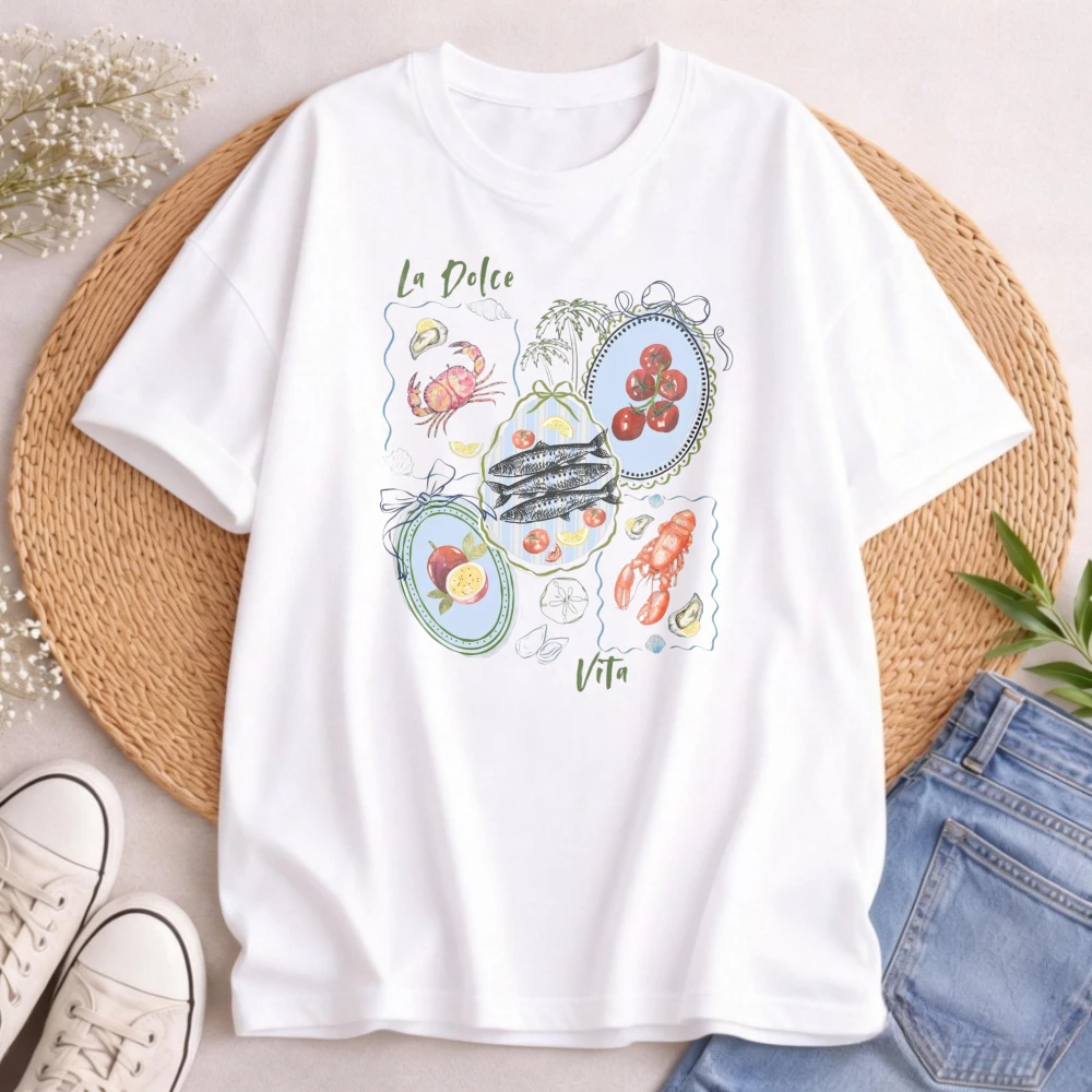 La Dolce Vita T-Shirt Italian Summer Food Tee Coastal Graphic Tops Oversized O-neck Short-sleeved T-shirt High Quality Cotton