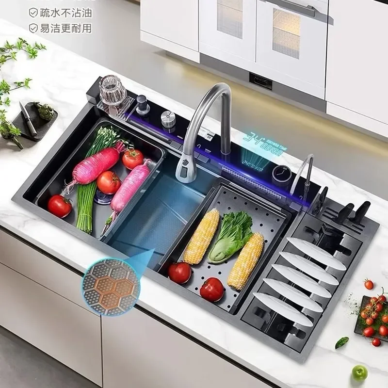 Multifunctional Stainless Steel Kitchen Sink with Digital Display Large Single Bowl Whale Shape Dishwashing Basin with Dish