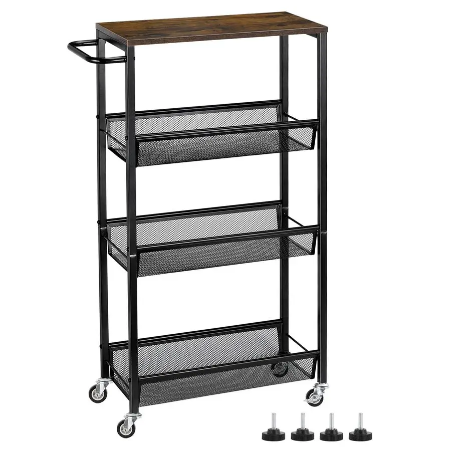 

Slim Storage Cart, 4 Tier Rolling Kitchen Shelving Unit on Wheels Mobile Narrow Cart with Wooden Tabletop for Bathroom, Laundry