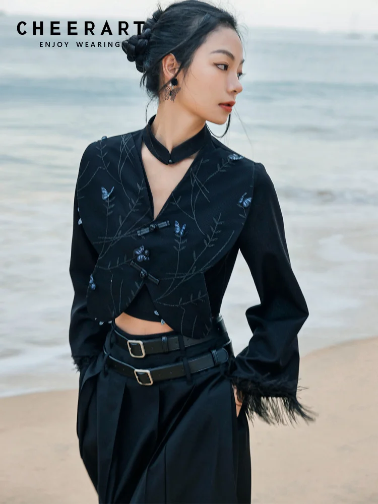 

CHEERART Vintage V Neck Crop Top Women Elegant Butterfly Embroidery Black Blouse Tassels Flare Sleeve Top New In Outerwears