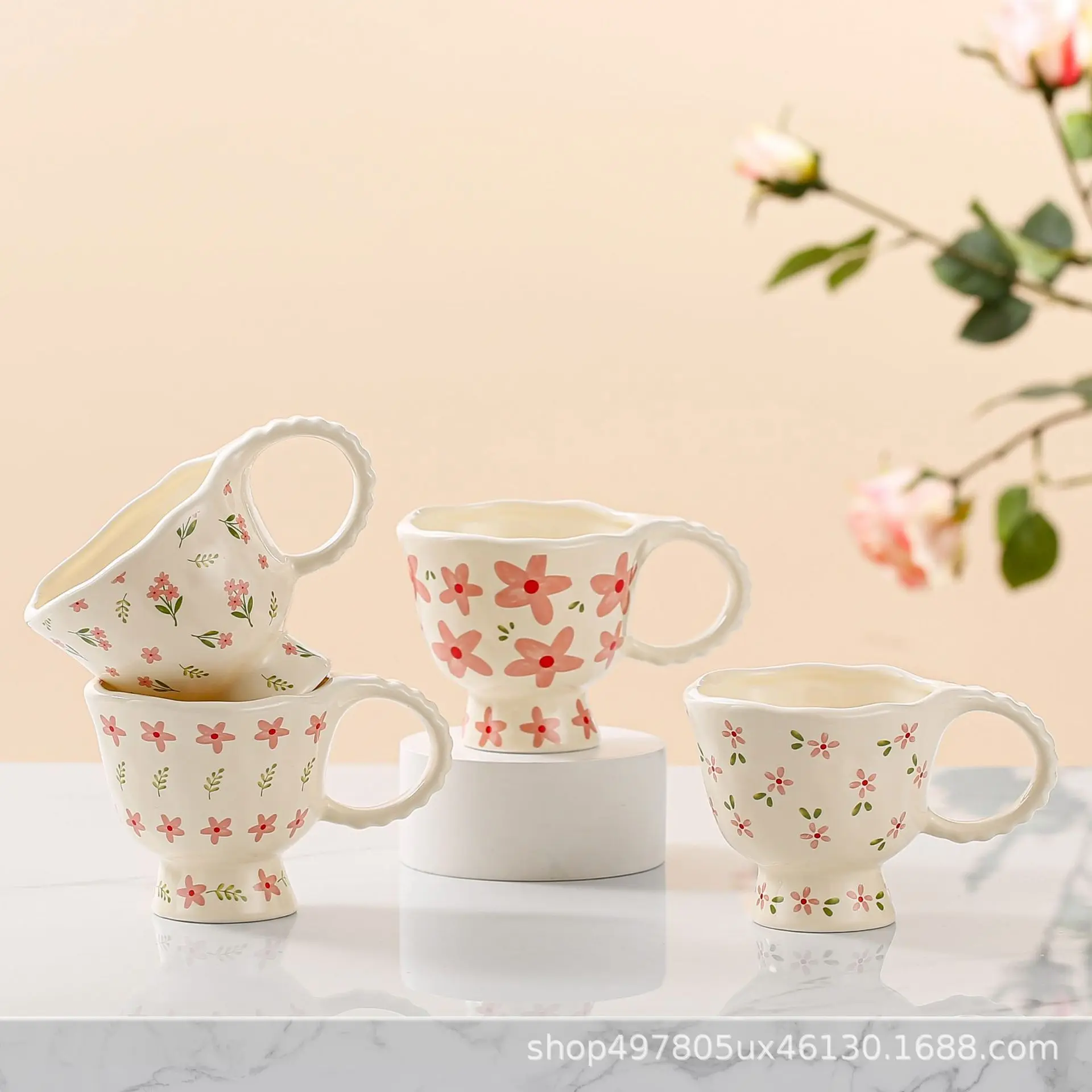 

Ceramic Cup, Breakfast Goblet, Mug, Oat, High Value, Small Fresh and Small Floral Cream Wind, Advanced Sense