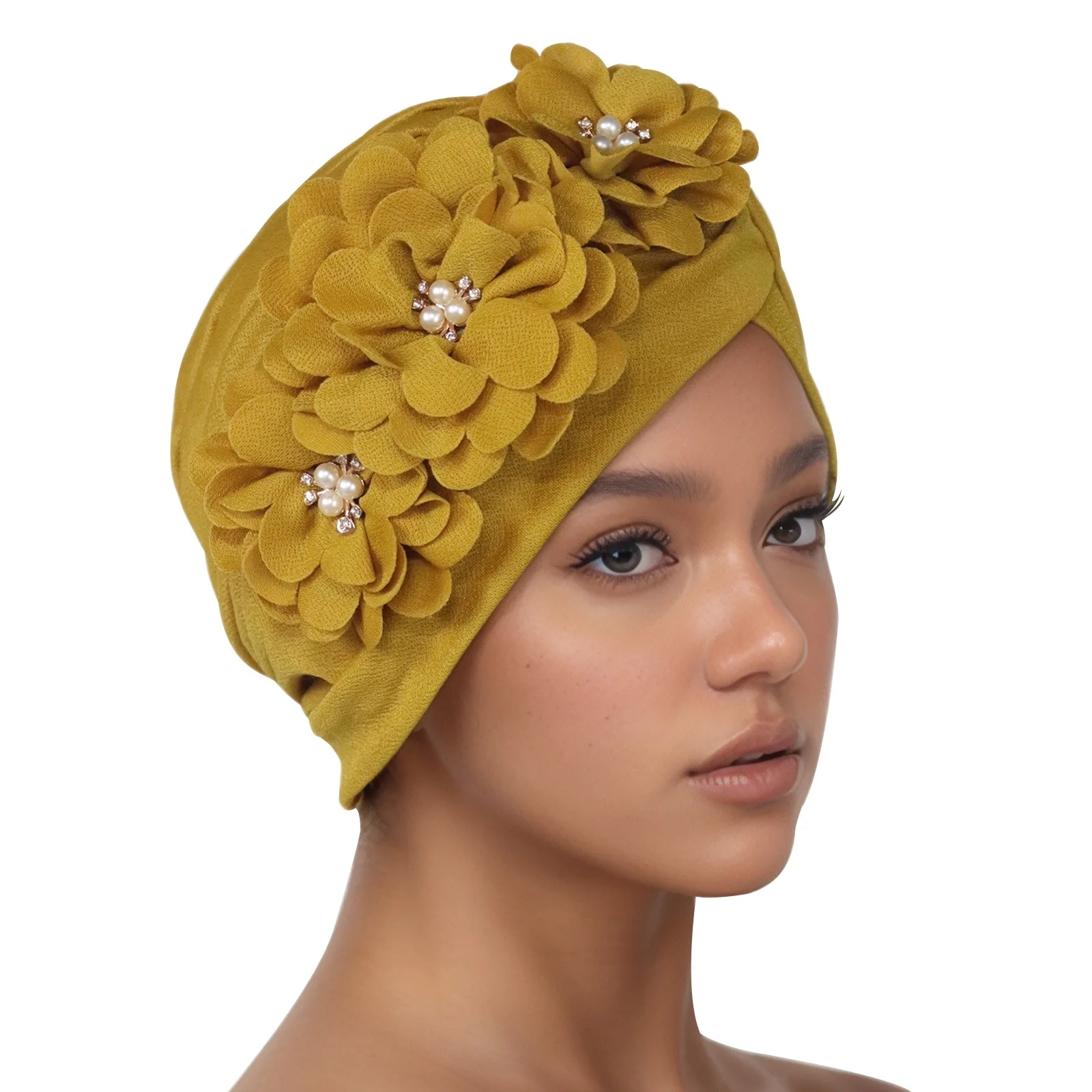 New Women Flower Ruffle Turban Chemo Cap Muslim Elastic Pearls Headscarf Bonnet Hijab Beanies Hair Loss Head Wrap Turbante Mujer