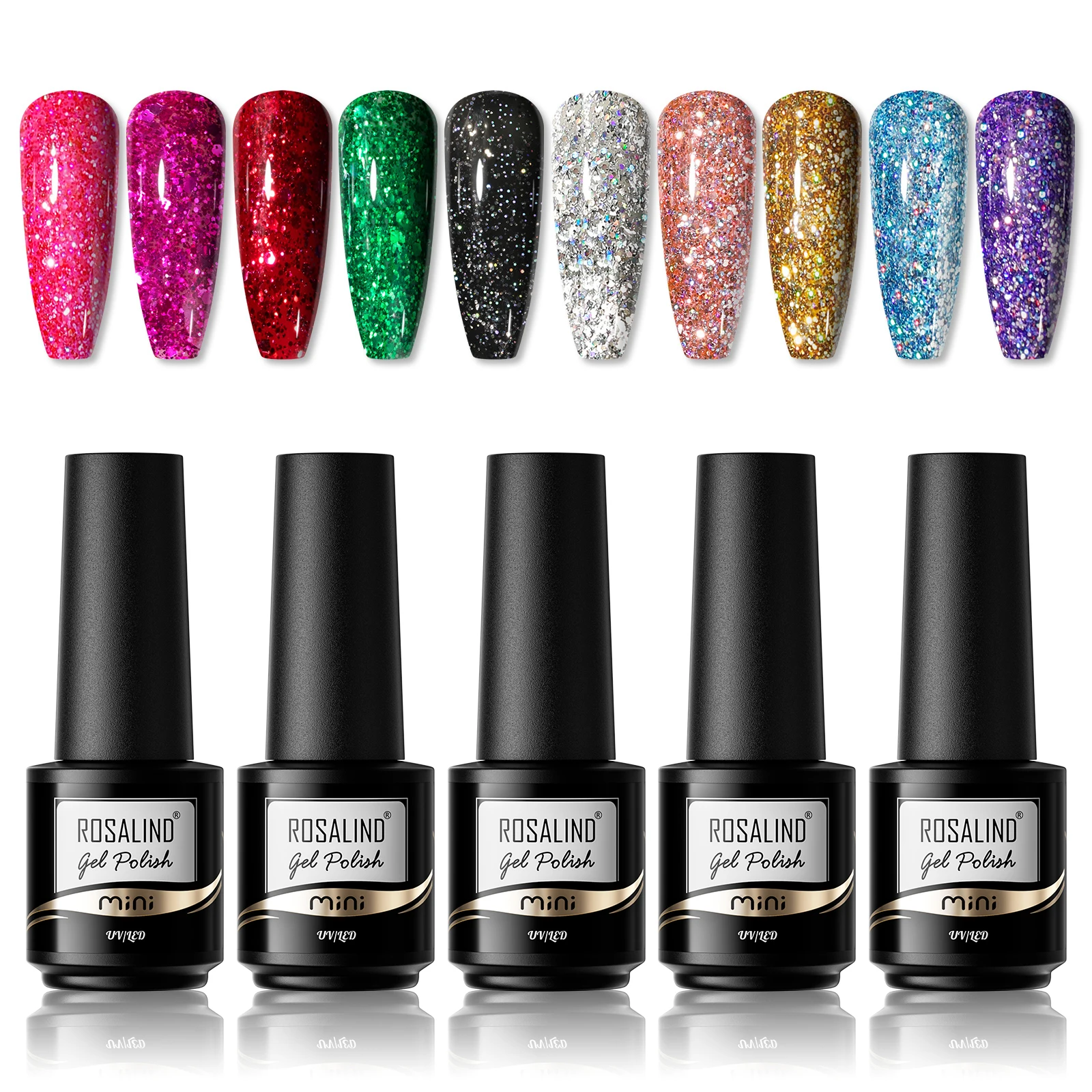 ROSALIND Nail Polish Set shiny Glitter Series 10 Colors Gel Varnishes Kit Semi Permanent Soak Off for Nail Beauty with Box