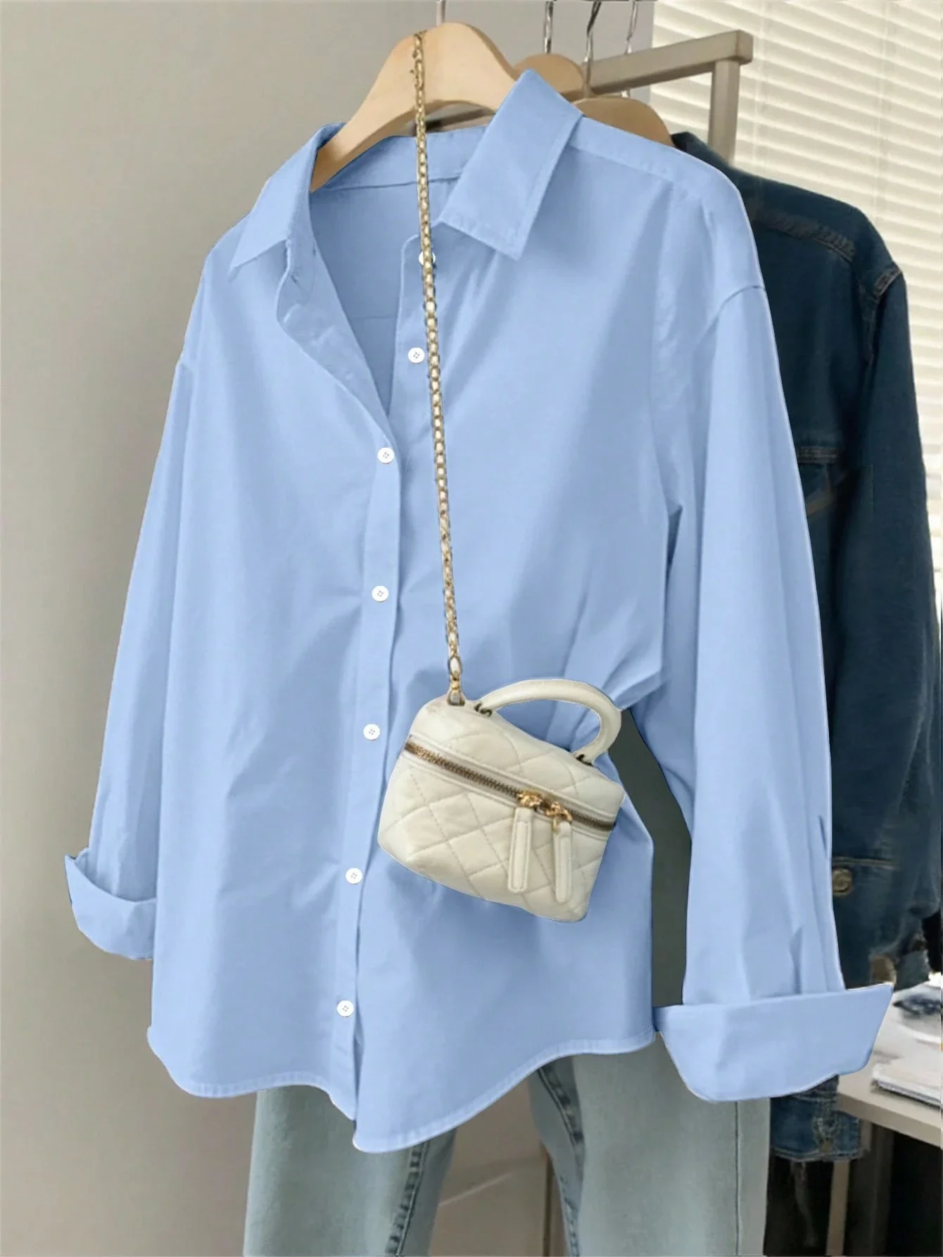 

Однотонная повседневная свободная рубашка с длинным рукавом на одной пуговице