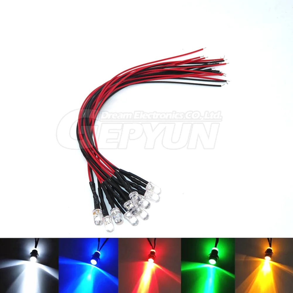 10pcs Dc 3v 6v 12v 24v Pre Wire Led Light 5mm Led yellow Red White Blue green orange Led Prewired Wired Diodes Car Model Lights