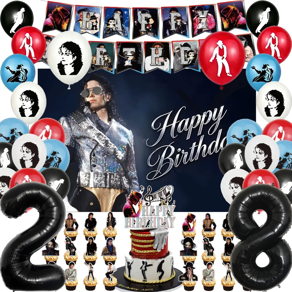 Image of Neues Michael-Jackson-Geburtstagsdekorations-Set mit Musik-Hintergrund, Ballons, Tortendekoration und Banner für Kinder- und Erwachsenenfans, Partyzubehör