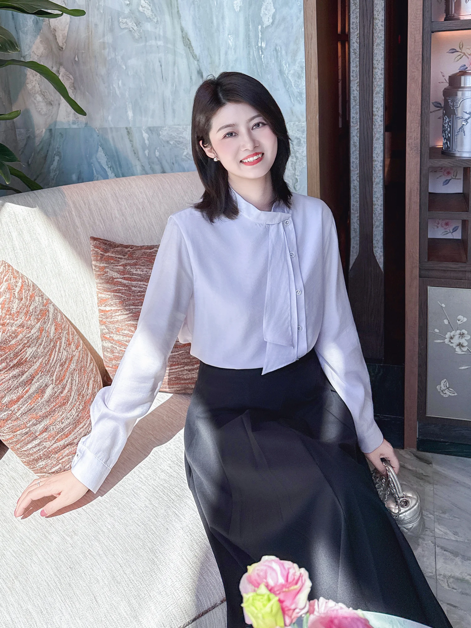 

Zillal Spring Commute Sle Long Sve Women's irt with Draped Ne Design Soft Mist Chiffon Comfortable Breathable Top
