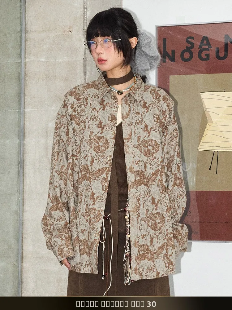 

American Retro Long Sleeve Shirt Loose Fit Collared Floral Print Spring New Style Dyeing Effect Casual Men's Shirt