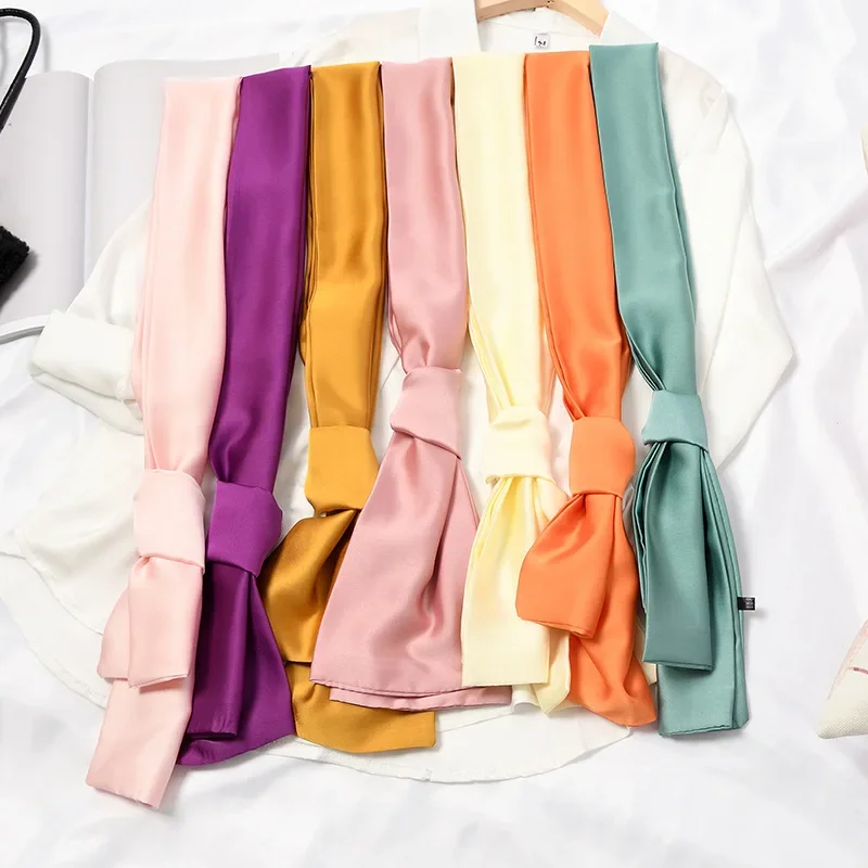 

Long Women's Neck Scarf Solid Color Headband Silk Satin Hair Scarf for Women 15x140 cm Fashionable Slim Bag Scarf