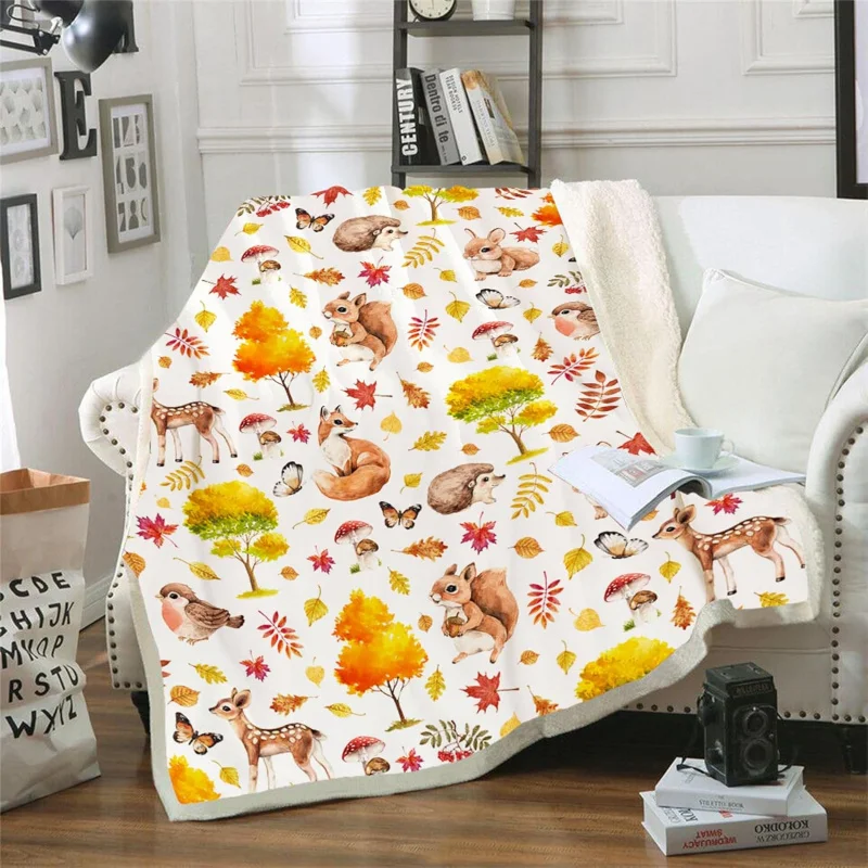 

Autumn Decorative Blanket, Autumn Maple Leaf Tree Animal Cute Fox Squirrel Hedgehog Rabbit Bird Mushroom Soft and Comfortable De