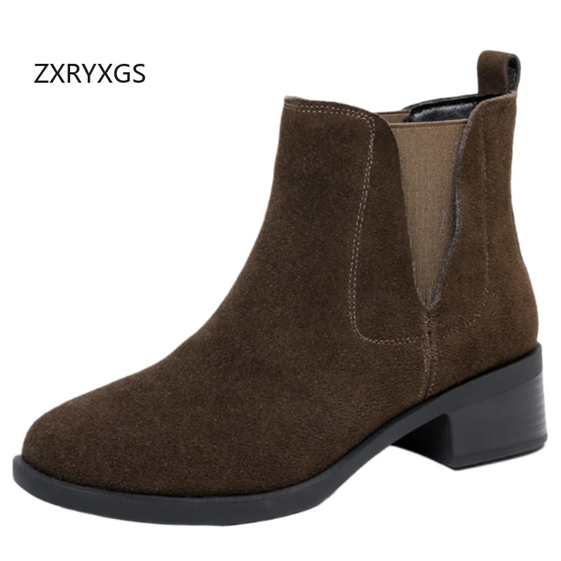

ZXRYXGS Premium Matte Cowhide Chelsea Boots 2025 Elegant Comfortable Autumn Winter Boots Thick Mid Heel Non-slip Women Boots