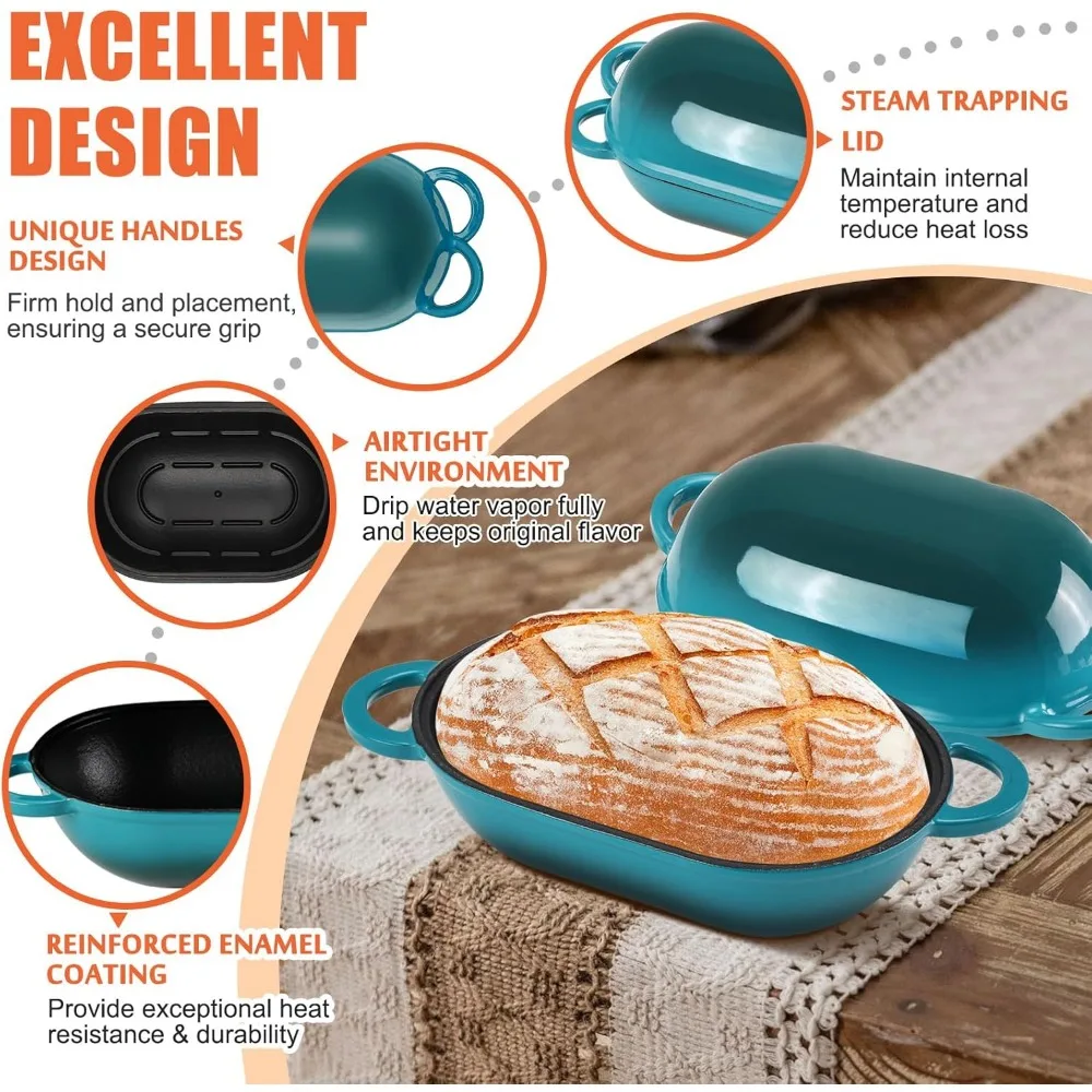 Enameled Cast Iron Sourdough Bread Pan, 5 Quart Loaf Pan with Lid, Oval Dutch Oven for Homemade Bread Baking, Perfect for Baking