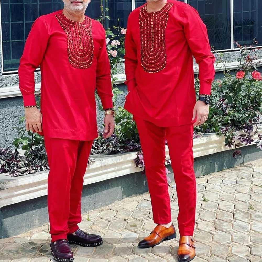 Kaftan Men Clothing Sets Multi-pocket African Ethnic Style Traditional Wear Outfits Shirt Casual Pants 2piece Man\'s Wedding Suit