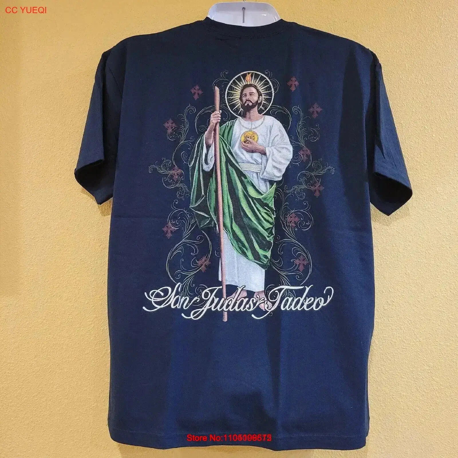 SAN JUDAS TADEO SAINT JUDE Glitter T Shirt XL Dark Navy Blue Chest size 48 vintage Washed Top For Everyday Wear Slightly