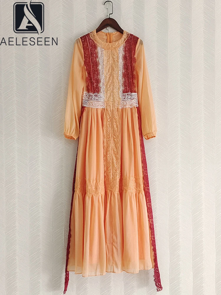 

AELESEEN Designer Fashion Women Lace Dress Spring Summer Orange Patchwork Elegant Long Party Holiday