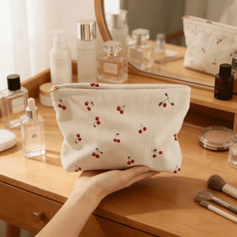 Cherry Printed Corduroy Makeup Bag, Large Capacity Portable Toiletry Storage Bag, Skincare Product Storage Bag