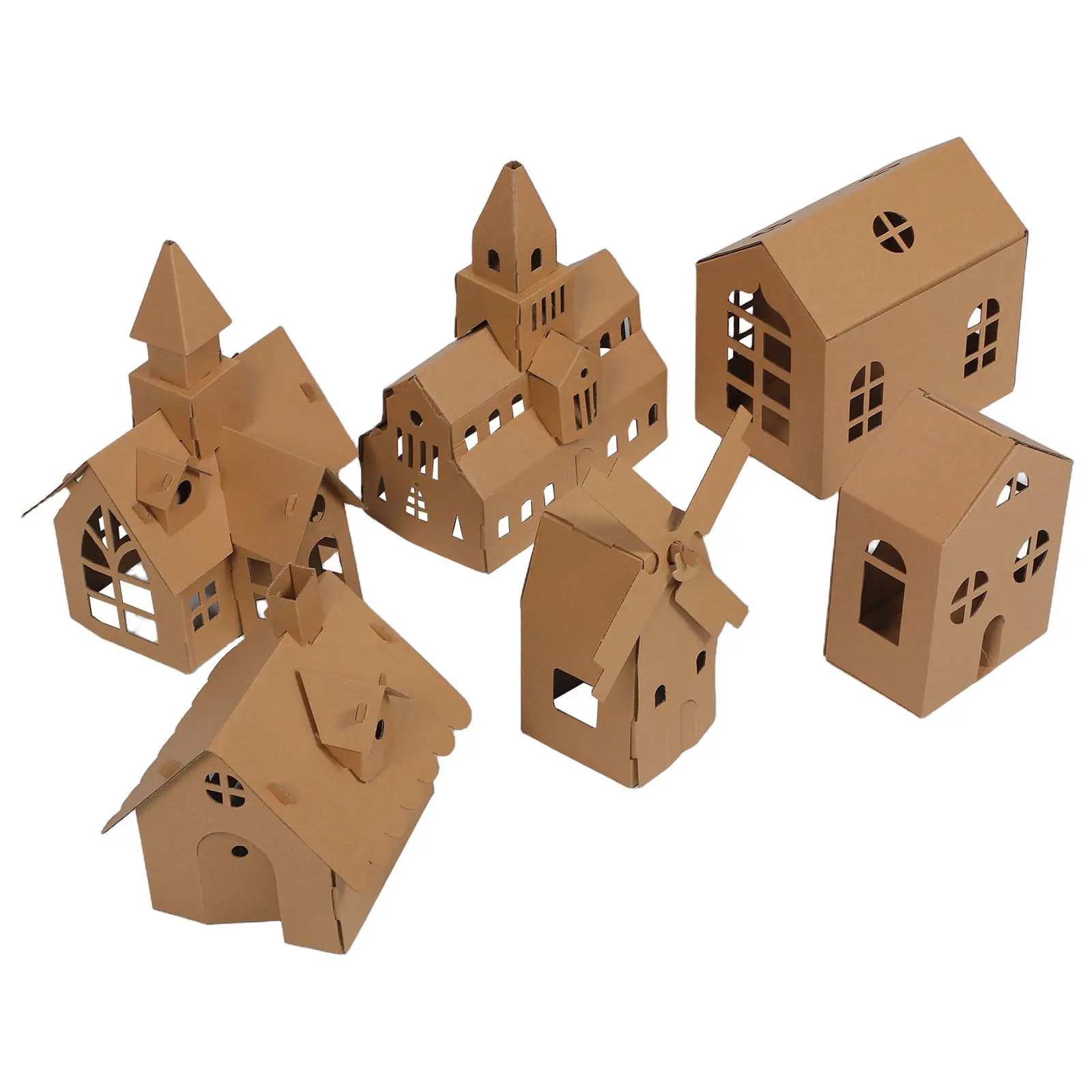 6Pcs Cardboard House Kit for Kids DIY Miniature Building Project with Blank Surfaces for Coloring Creative Family Bonding Craft