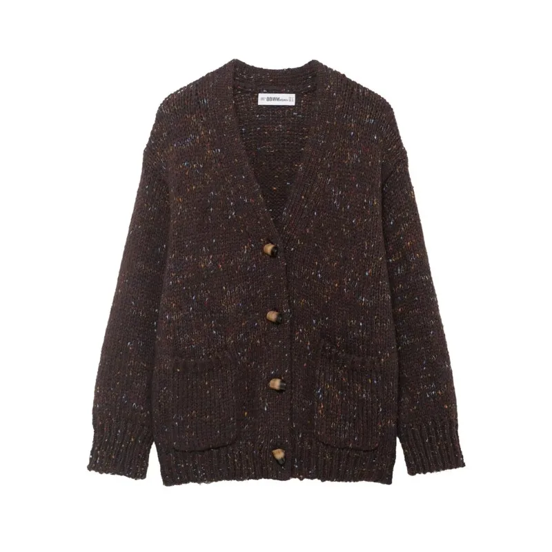 

Spring Women Oversize Pinchita Knit Cardigan V Neck Long Sleeve Pocket Ribbed Trims Simple Women's Sweater Elastic Female Tops