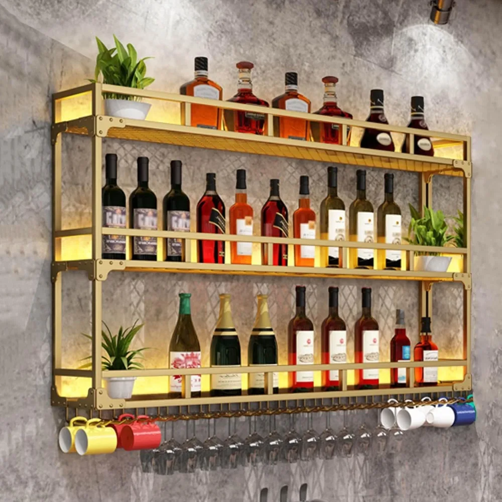 

wall mounted wine rack, floating industrial liquor glass holder 3 tiers, large metal wine bottle display rack hanging shelf, for