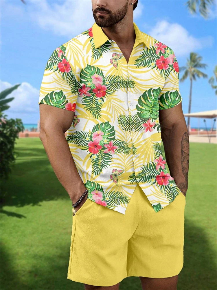 2024 Hawaii Men's Short Sleeve Shirt and Beach Shorts Set Everyday Comfortable Men's Casual Shirt Summer Breathable Men's Shorts