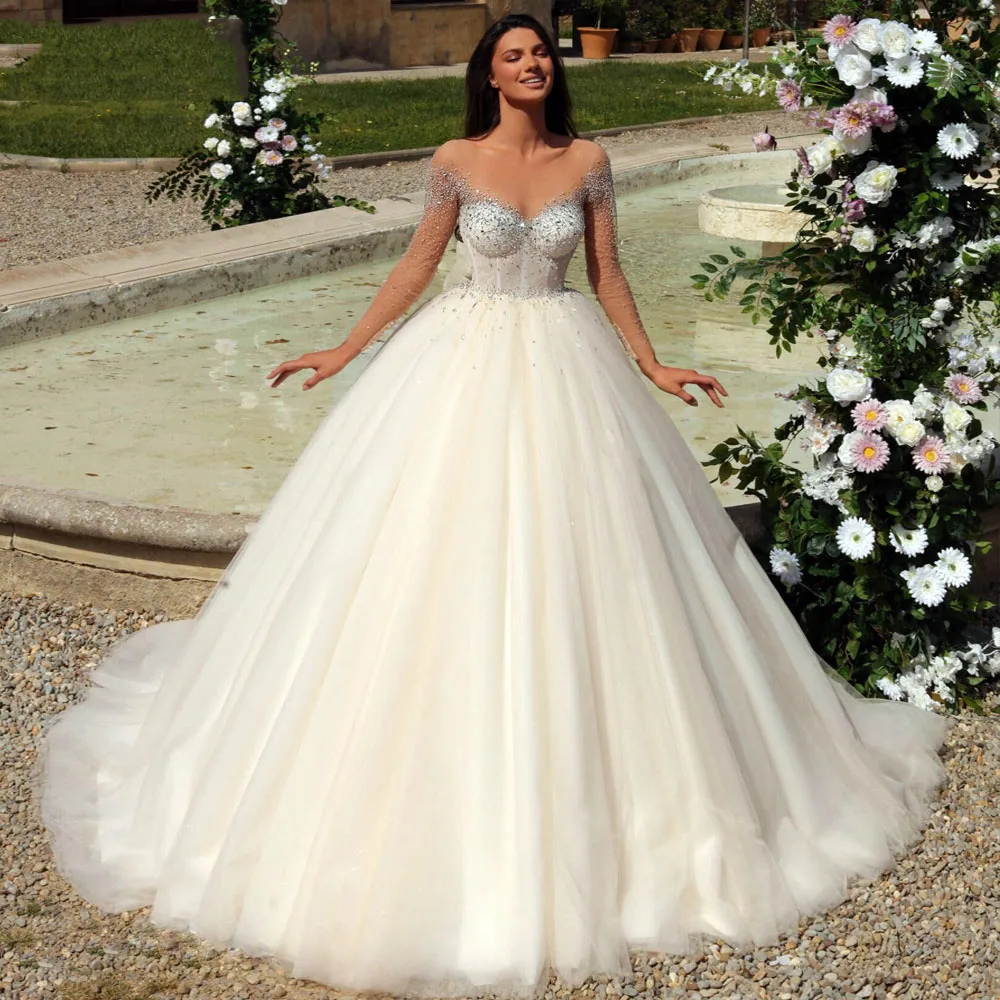 Eleganti abiti da sposa da donna con scollo a v paillettes luminose abiti da sposa in Tulle lunghezza di lavaggio maniche lunghe in pizzo abiti da festa De Novia