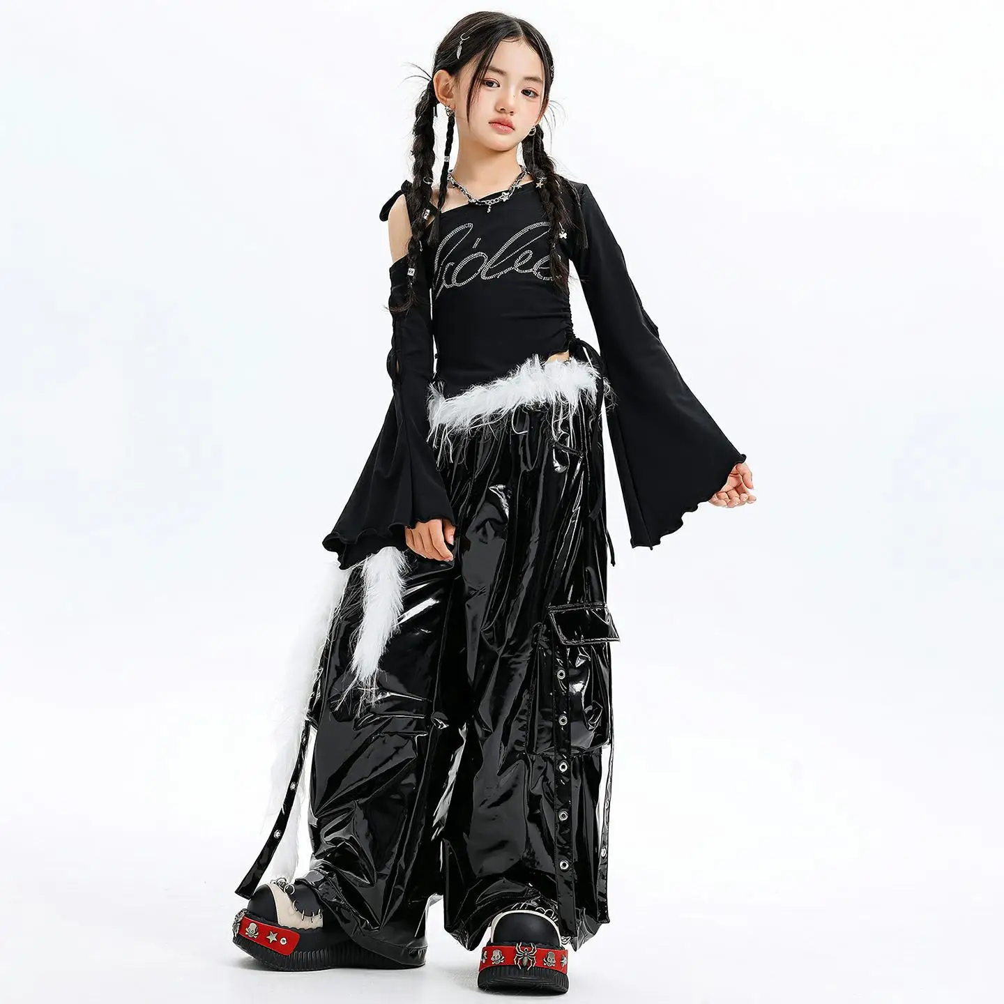 Kid Kpop Hip Hop Clothing Black One Shoulder Flare Sleeve T Shirt Faux Leather Strap Cargo Pants for Girl Dance Costumes Clothes