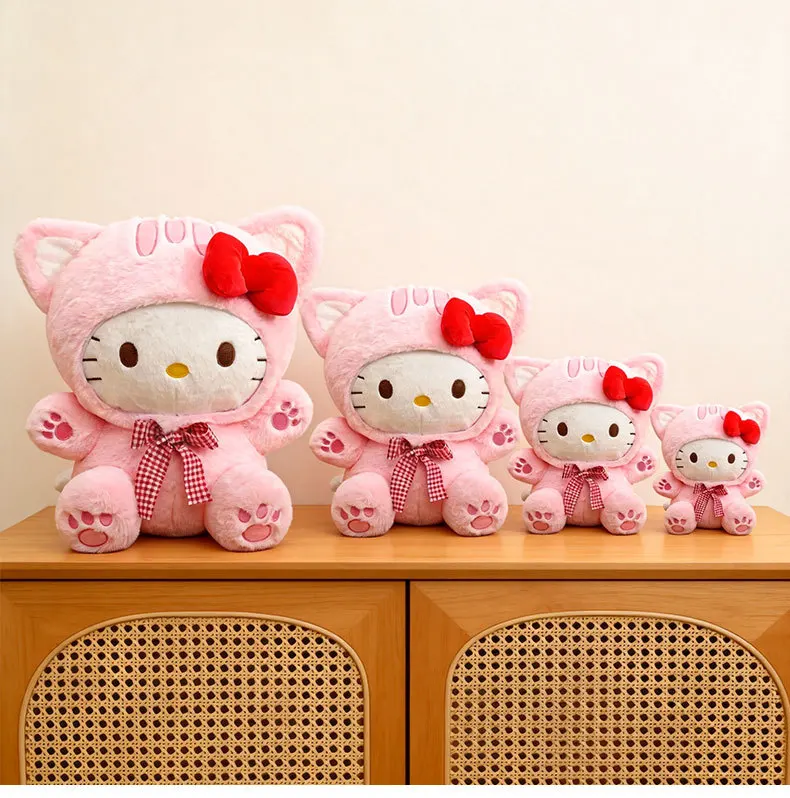 20/30/45/60CM Niedliche Graue Katze Hello Kitty Plüschpuppe mit Kariertem Schleifendesign KT Stofftier Weiches Kissen Heim- und Raumdekoration Geburtstagsgeschenk – Detail 10