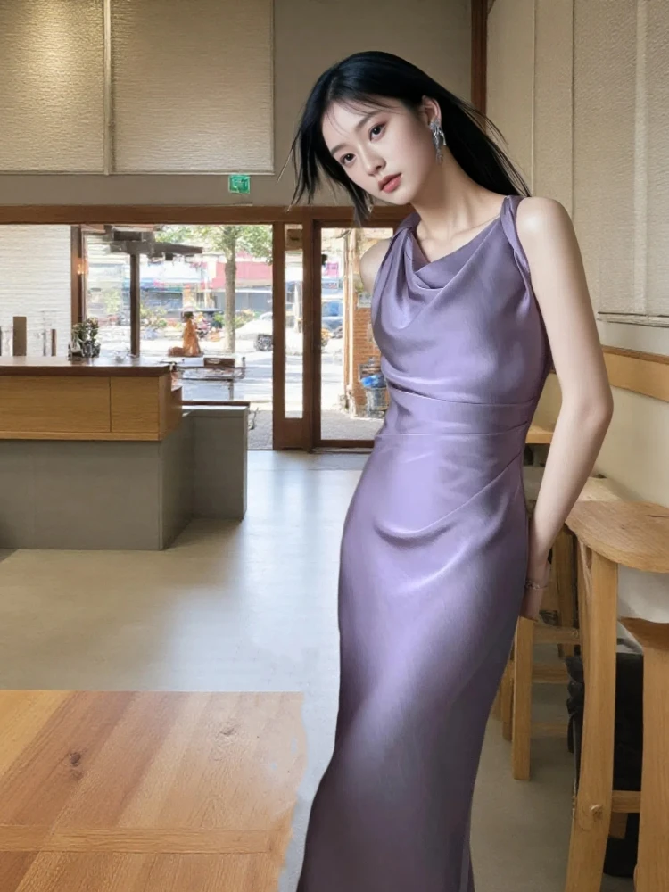 فستان أنيق من الساتان بخط عنق أنيق للنساء، تنورة طويلة بقصة ضيقة، سحاب على شكل ذيل السمكة، فتحة عالية، موضة الصيف، لون نقي