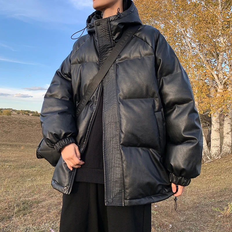 

Мужская зимняя куртка из искусственной кожи в стиле ретро с капюшоном, утепленная, на молнии, из хлопка и полиэстера, повседневная, теплая, цветная